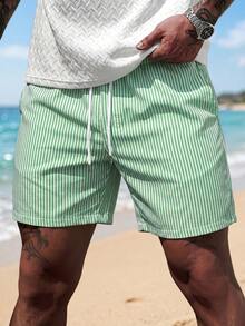 Men's Striped Casual Beach Shorts With Drawstring, Summer - Mint Green - View 1
