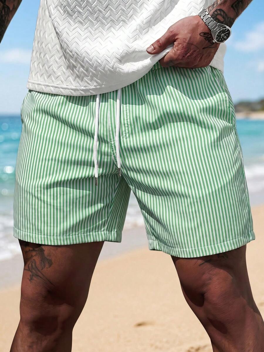 Men's Striped Casual Beach Shorts With Drawstring, Summer - Mint Green - View 1