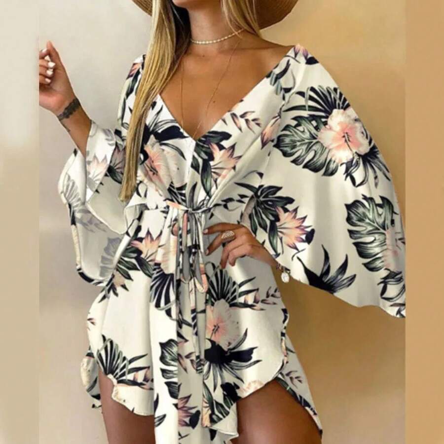 Vestido estampado para mujer, Sexy, con cuello en V, manga murciélago, volantes, estampado de flores, vestido veraniego bohemio para playa, Mini vestidos sueltos para vacaciones de verano - Negro - Ver 1