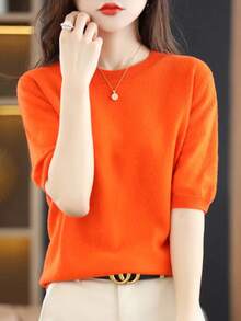 Camiseta de punto de manga corta para mujer, cuello redondo, mezcla de algodón de lana, Jersey, chaleco, Tops de fondo de verano, suéter sólido suave, nuevo - Naranja - Ver 4