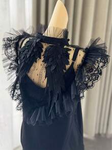 Gothic Style Angel Wings Lace Detachable Collar, Adjustable Ribbon, Elegant Black Lace Decorative Collar With Ruffled High Neck, Angel Wings Embroidery Sheer Mesh, Suitable For Daily Wear, Party, Holiday - Black - View 5