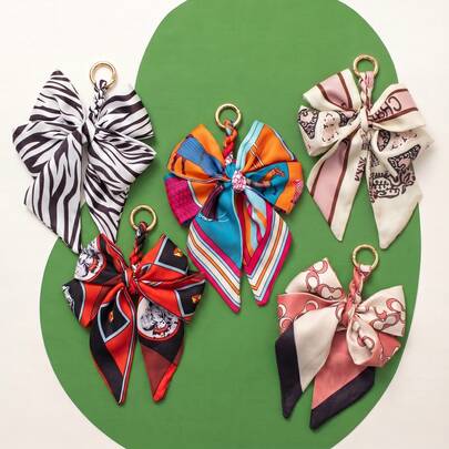 1pc Silk Scarf Keychains Elegant Double Bow Bag Chain Polyester Fashion Accessory With Intricate Bowknot Design Perfect For Handbag & Purse Decoration DIY Wallet Making Car Accessories For Woman