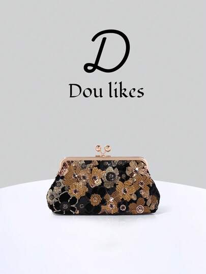 Dou Likes Black & Gold Sequin Flower Clutch Bag, Vintage Elegance And Luxurious Sparkle Perfectly Blended, An Exquisite Accent Piece For Refined Looks. Moderate Capacity To Hold Phone, Lipstick, Powder Compact, Keys, Etc. Suitable For Evening Gala, Party, Date, Wedding, Retro Outfits. Chic Handheld Design Pairs Well With Formal Dresses, Skirts, And Elegant Casual Wear.