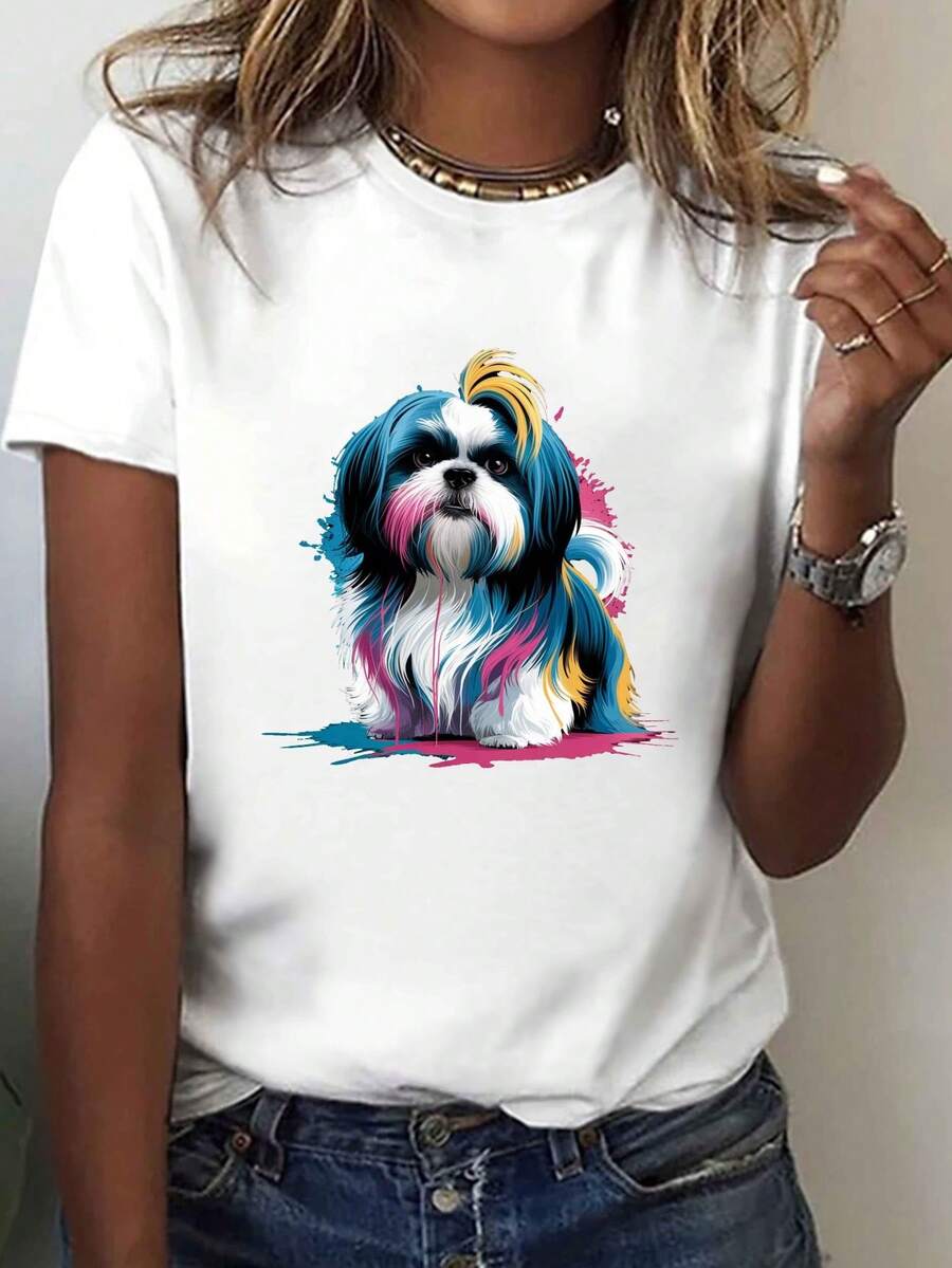 Camiseta de cuello de tripulación de manga corta con una ilustración audaz de un Shih Tzu, perfecta para la primavera y el verano, diseñada para mujeres
