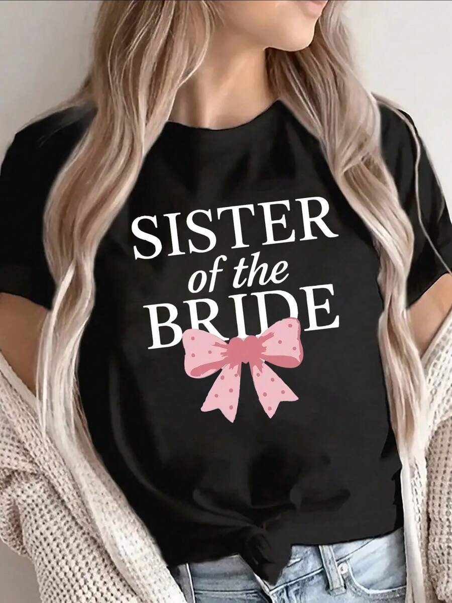 Lightweight And Comfortable Short-Sleeved T-Shirt With A Pink Bow Design For The Bride's Sister, Ideal For Wedding Celebrations And Casual Outings At Home Or Outdoors - 黑色 - 查看 1