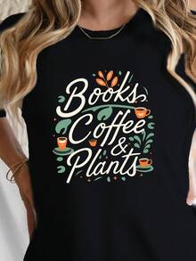 Camiseta de impresión de libros y café, camiseta de cuello de tripulación de manga corta casual para primavera y verano, ropa de mujer - Negro - Ver 2