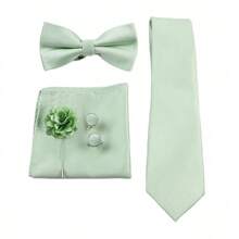 ZONFAZ 5pcs Men's Business Classic Versatile Solid Color Necktie + Bow Tie + Pocket Square + Cufflinks + Lapel Pin Combination Set, Suitable For Weddings, Ceremonies And Daily Suit Matching - Mint Green - View 3