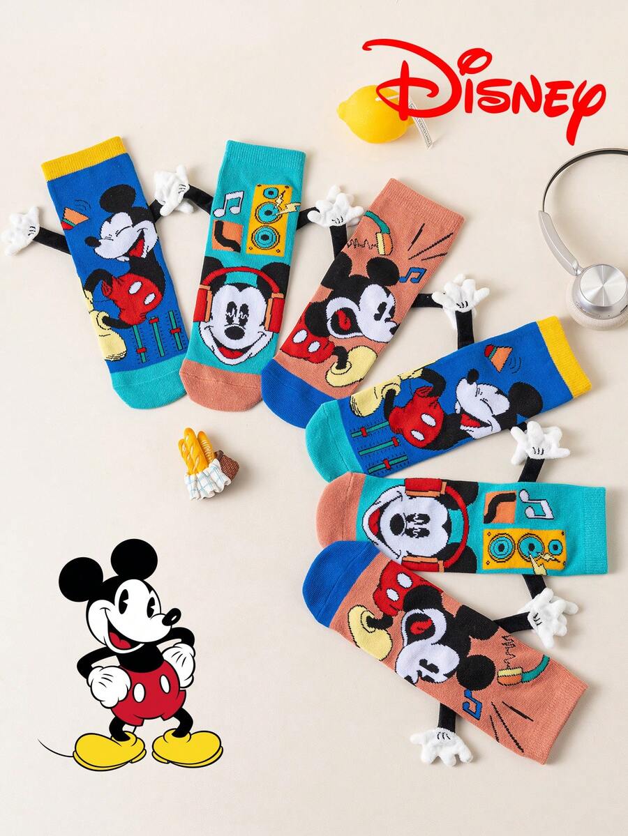 Disney 1/3双装迪士尼3D牵手图案儿童长筒袜，时尚儿童高筒袜，优质礼品袜，迪士尼返校季小粉丝必备，透气吸汗，休闲百搭，卡通图案，适合送礼和日常穿着 - 彩色 - 查看 1
