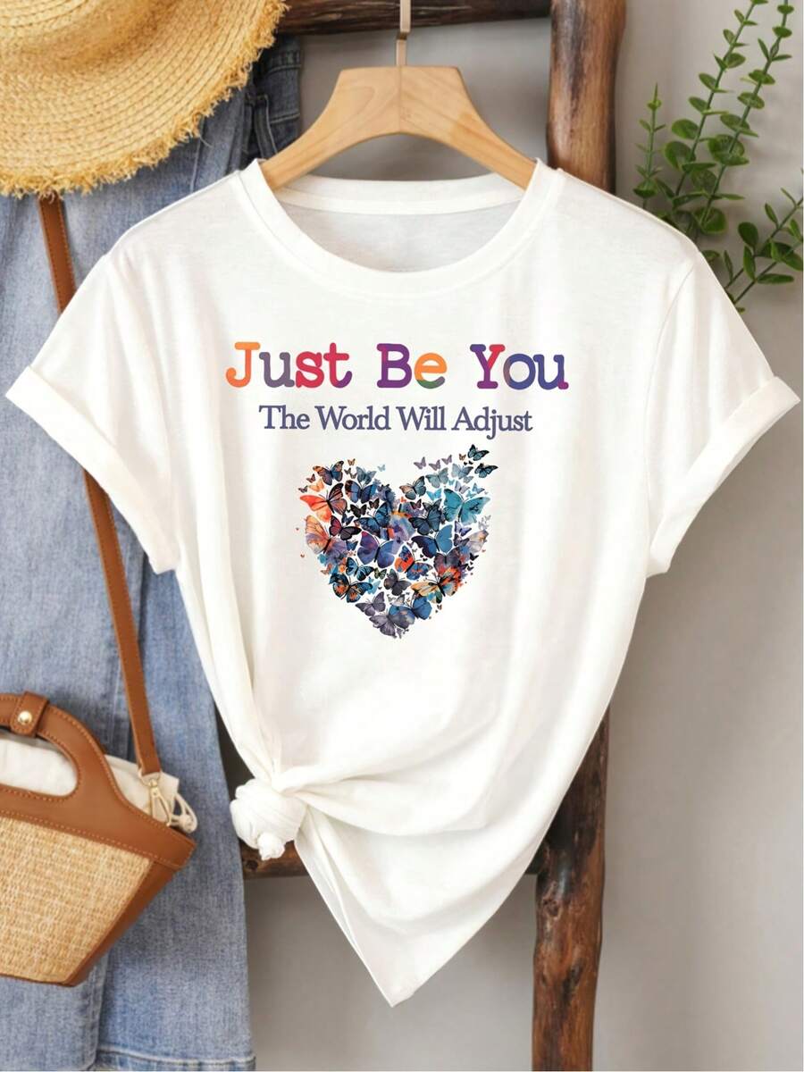 1 Piece Of Spring/Summer Clothing (Valentine's Day Gift) With Colorful "Just Be You" Print, Fashionable And Elegant Women's Spring/Summer/Autumn Casual Style S Top, Soft And Comfortable Round Neck Short Sleeve T-Shirt, Available In Sizes S-XXL, - 白色 - 查看 1