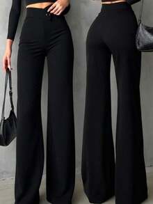 Pantalones rectos negros sólidos, casuales y elegantes para mujer.La línea de cintura asimétrica en forma de V acentúa las curvas, adecuados para uso diario, oficina, citas y vacaciones de primavera - Negro - Ver 8
