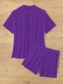 Basics Set de 2 piezas de kimono de unicolor de manga corta y shorts para mujer para vacaciones - Morado Violeta - Ver 3