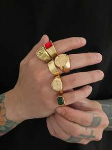 6 piezas Anillos de metal geométricos vintage hip hop, incrustados con diamantes de imitación de acrílico multicolor, joyería encantadora personalizada, para usar en festivales de música y fiestas, anillos para hombres - Amarillo Oro - Ver 4