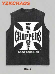 Y2KCHAOS 210g Washed Pure Cotton Vest Men's Vest Streetwear Style American Casual Wear West Coast Choppers Graphic Print Motorcycle Culture Inspired Design For Men And Young Adults-Vintage Street Style Unisex Loose Cotton Short Sleeve Crew Neck T-Shirt - 黑色 - 查看 2
