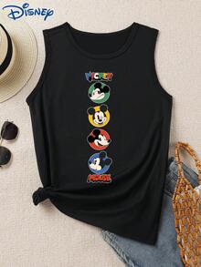 Disney 1件女士卡通米奇和朋友印花吊带背心，时尚女士背心，圆领略带弹性，适合日常穿着，易护理面料，休闲女士无袖上衣 - 黑色 - 查看 1
