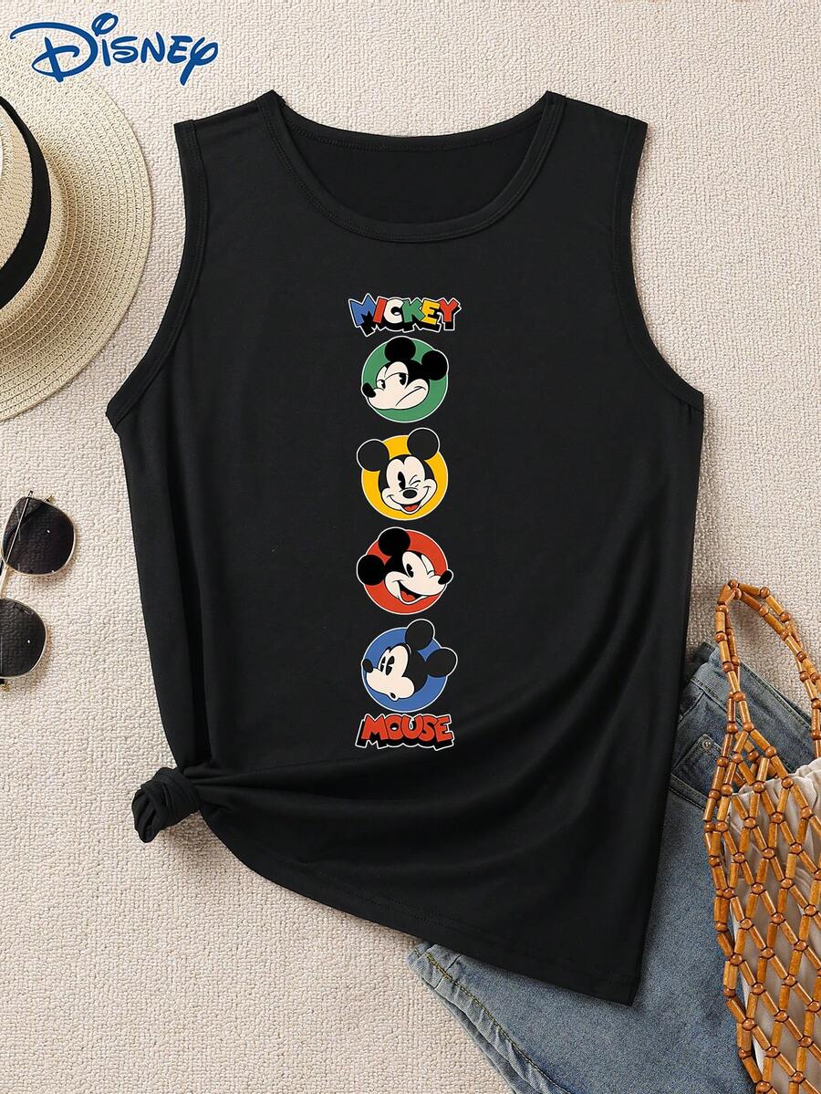 Disney 1件女士卡通米奇和朋友印花吊带背心，时尚女士背心，圆领略带弹性，适合日常穿着，易护理面料，休闲女士无袖上衣 - 黑色 - 查看 1