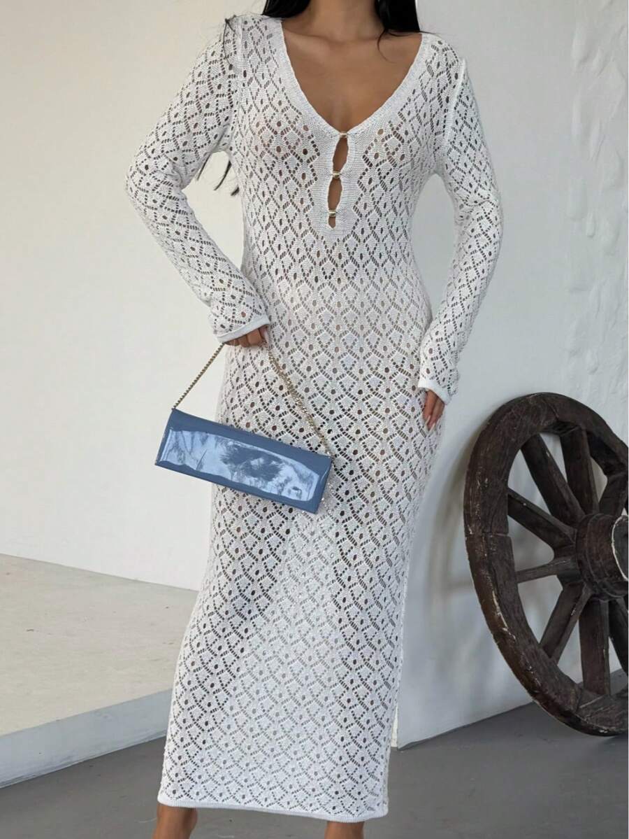 Women's Solid Color Hollow Design Long Sleeve Sexy Knit Dress - White - View 1