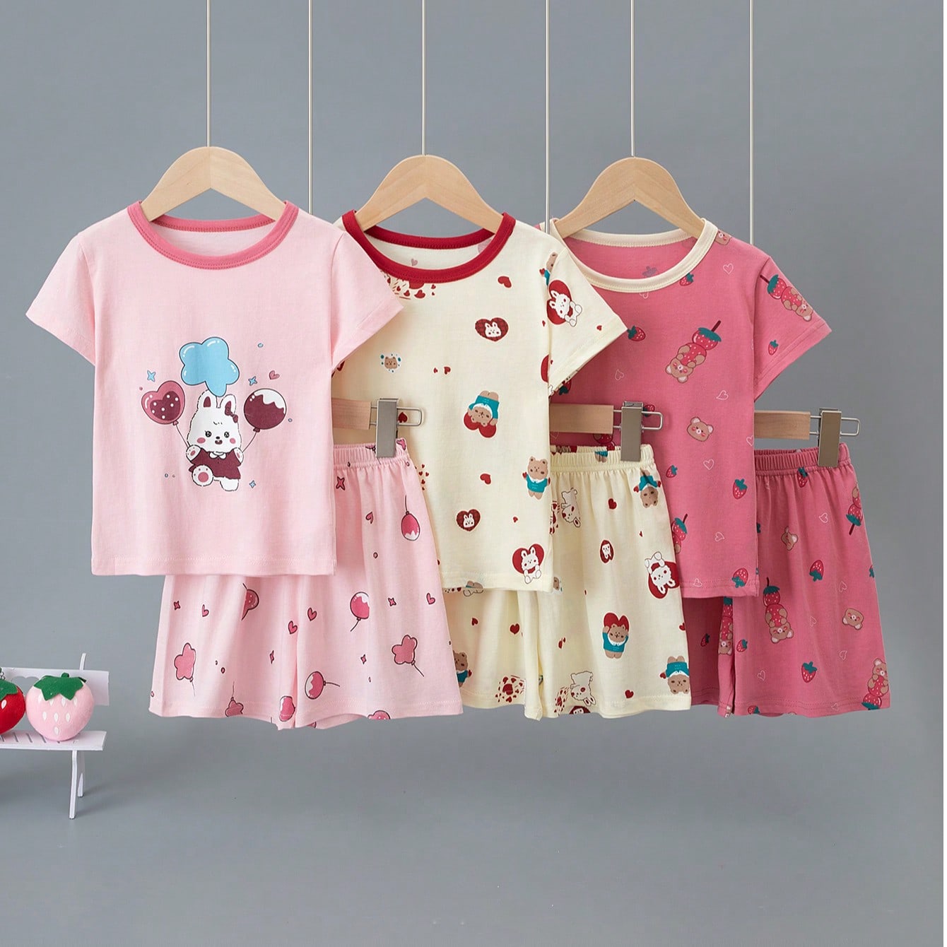 Conjunto de 6 piezas de pijama corto con estampado de conejo de dibujos animados y oso para niñas, ropa de casa informal, ligero, para primavera/vera