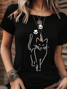 Camiseta Casual de Manga Corta con Cuello Redondo y Estampado de Gato de Dibujos Animados, Camisetas Gráficas para Mujer, Tops de Moda, Camiseta Fresca - Negro - Ver 6