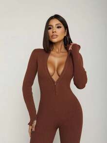 Women's Fitted Ribbed Jumpsuit With Front Zipper And Elegant Long Sleeves, Knit Fabric, Winter - Rust Brown - View 3