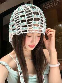 Mũ len đan thủ công đính hạt, mũ beanie khoét rỗng kiểu retro dành cho nữ, mũ bonnet thời trang có tua rua để chụp ảnh, phụ kiện đội đầu phong cách boho chic. - Lưới rộng đính hạt - Xem 1