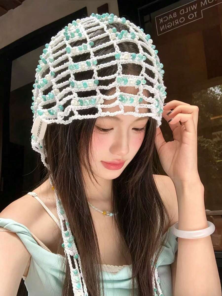 Mũ len đan thủ công đính hạt, mũ beanie khoét rỗng kiểu retro dành cho nữ, mũ bonnet thời trang có tua rua để chụp ảnh, phụ kiện đội đầu phong cách boho chic. - Lưới rộng đính hạt - Xem 1