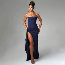 2025 primavera nuevo temperamento elegante color sólido sin tirantes hombro cintura ajustada abertura larga vestido pequeño - morado intenso - Ver 4