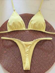 Women's Solid Color Triangle Bikini Set With Heart-Shaped Ring Decor. Features Triangle Cup Design, Spaghetti Strap, Sweet And . Vacation Beach Summer - Yellow - View 5