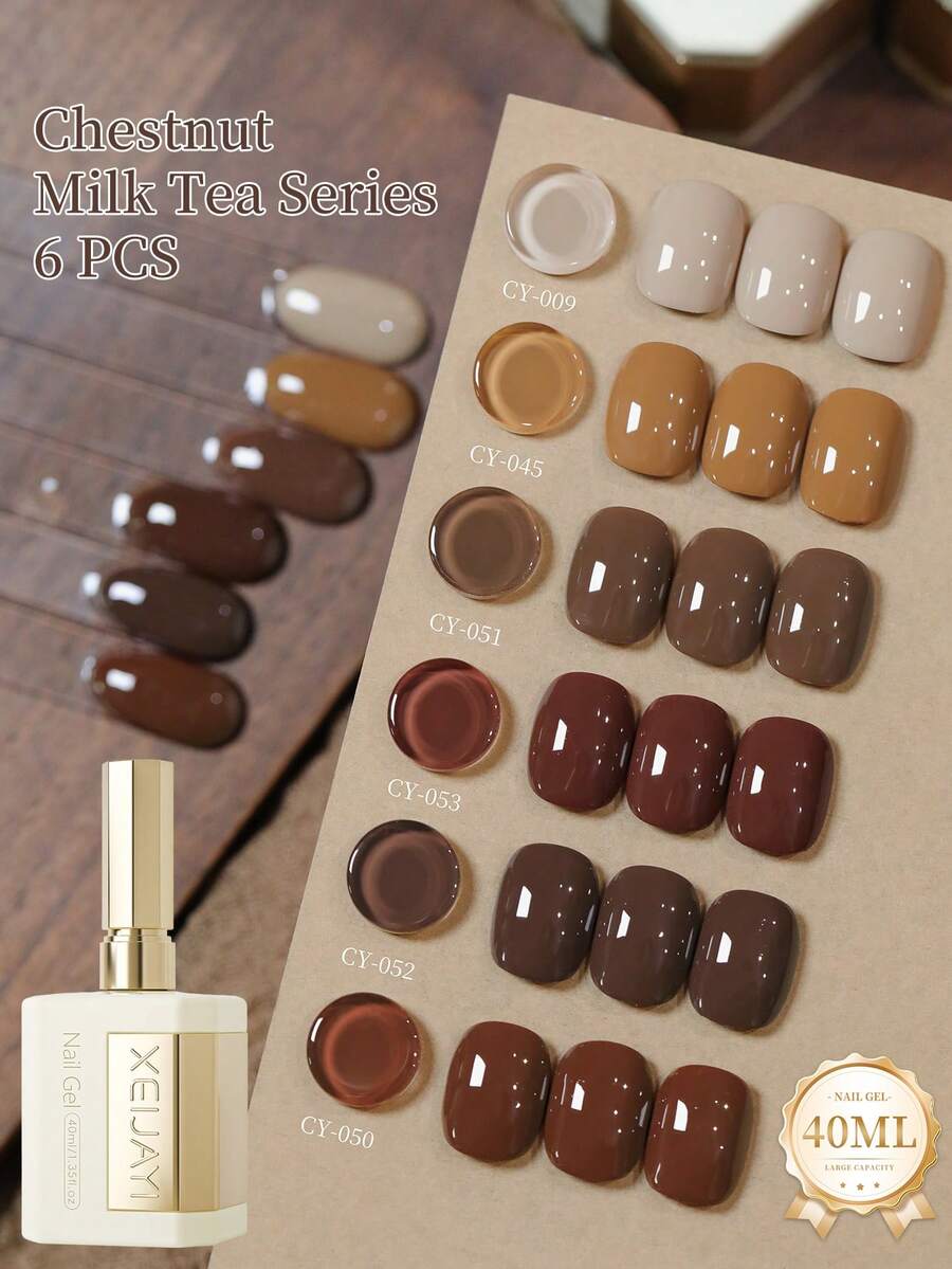 6 botellas de 40ml de esmalte de uñas en gel de la serie Castaño, esmalte de uñas en gel semi-permanente, gel de uñas UV LED removible, suministros de arte de uñas, decoración de uñas DIY, regalo de salón en casa para mujeres