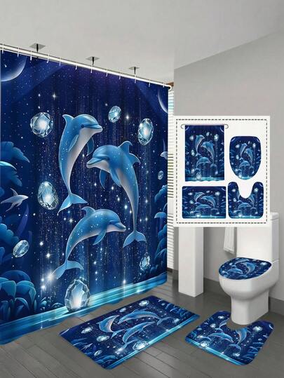 Bộ 4 rèm tắm in hình cá heo lấp lánh, rèm phòng tắm, rèm tắm vải polyester kèm móc, thảm trang trí phòng tắm, tấm phủ nắp bồn cầu, thảm chống trượt.