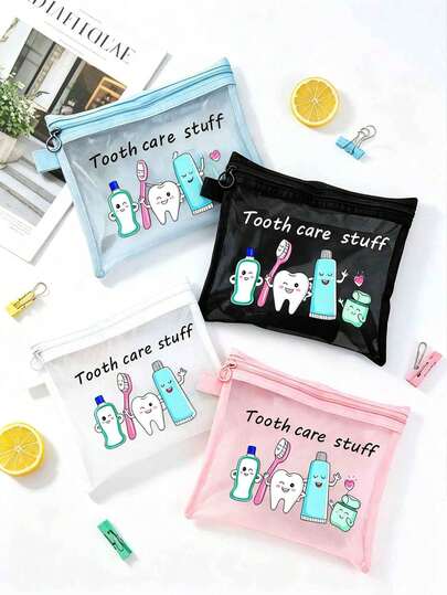 Bolsa de almacenamiento con patrón de dientes de dibujos animados, bolsa de maquillaje portátil de malla, bolsa de maquillaje con estampado de letra "Productos de cuidado dental", bolsa de maquillaje de viaje, bolsa de maquillaje transparente portátil, bolsa de artículos de tocador de viaje a la playa, bolsa de accesorios de vacaciones de verano (puede almacenar cosméticos/artículos de tocador/electrónicos), bolsa esencial de viaje al aire libre