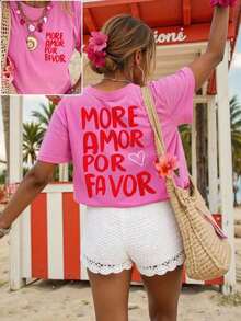Camiseta de mujer, camiseta de manga corta con gráfico de estilo casual de calle, top de verano lindo - Rosa Fucsia 2 - Ver 4