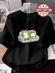 1PC 100% Cotton Custom Cute Frog Relaxing On Sofa Cartoon Print Graphic Women's Short Sleeve Casual TShirt Summer Oversized Funny Comfort Tee - Black - View 1