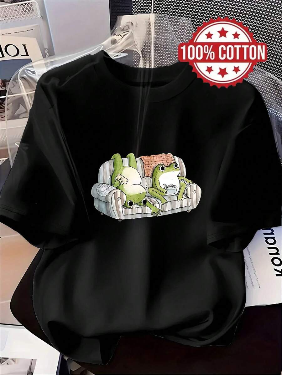 1PC 100% Cotton Custom Cute Frog Relaxing On Sofa Cartoon Print Graphic Women's Short Sleeve Casual TShirt Summer Oversized Funny Comfort Tee - Black - View 1