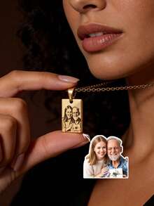 1pc Customized Photo Engraved Necklace - Inlaid With Lifelike Photo, Mother's Day Customized Necklace - Christmas Gift For Mom, Fashionable Stainless Steel Photo Frame Pendant For Women Personalized Customized Pendant Photo Picture, Couple Photo, Family Photo, Travel Souvenir Customized Necklace - Multicolor - View 2