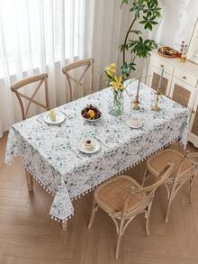 1pc Spring/Summer Fresh Sage Green Floral & Bamboo Tassel Tablecloth, Farmhouse Style Rectangular Dining Table Cover, Washable For Home Kitchen, Dinner Party, Picnic, Date, Wedding, Theme Party, Indoor/Outdoor Use - Sage Green - View 25