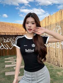 春夏四條紋女款學生純色極簡街頭休閒通勤Y2K修身收腰顯瘦性感圓領短袖黑色 - 黑色 - 查看 3