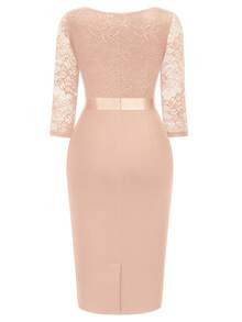MIUSOL Elegant Women's Sequin Lace Bodycon Cocktail Dress, 3/4 Sleeve V Neck High Waist Midi Pencil Dress With Ruched Wrap Hem For Wedding, Evening Party - Champagne - View 10