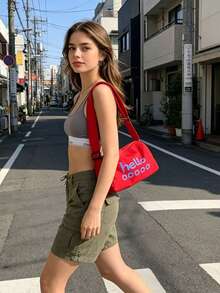 Túi đeo vai nữ in chữ "Hello" dễ thương, túi đeo chéo bằng nylon, dây đeo điều chỉnh được, thời trang hàng ngày, túi xách đi làm. - Nhiều màu - Xem 12