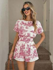 Conjunto de dos piezas para mujer con estampado floral vintage, blusa de cuello redondo con manga corta y shorts con cintura elástica, volantes y bolsillos laterales, estilo casual y elegante, ideal para primavera, verano, vacaciones, salidas y uso diario - Rojo - Ver 4