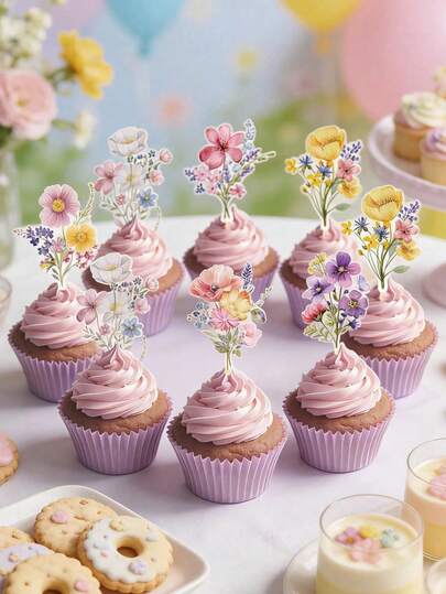 1/18/36 st muffinsdekorationer formade som vildblommor, blomtema muffinsdekorationer, lämplig för babyshower, födelsedagsfest, könsavslöjandefest, blomtema festtillbehör