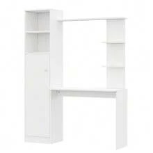 Desk/Work Table With Storage – White With Contrasting Slatted Wooden Top, Lower Cabinet With Doors And Open Upper Shelf, Office Design, 123.5 X 45 X 168.5 Cm - 白色1 - 查看 1