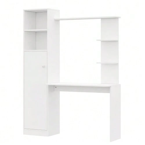 Desk/Work Table With Storage – White With Contrasting Slatted Wooden Top, Lower Cabinet With Doors And Open Upper Shelf, Office Design, 123.5 X 45 X 168.5 Cm - 白色1 - 查看 1