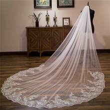 2026 Hot  White Ivory Sequins Lace Edge Veils One Layer Cathedral Length Wedding Bridal Veil With Comb Long Woman Illusion Tulle - Ngà voi - Xem 1