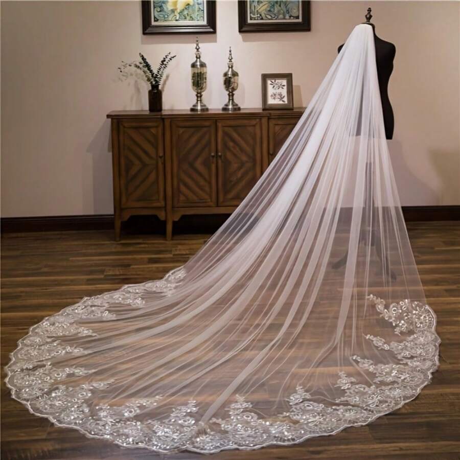 2026 Hot White Ivory Sequins Lace Edge Veils One Layer Cathedral Length Wedding Bridal Veil With Comb Long Woman Illusion Tulle - Ngà voi - Xem 1