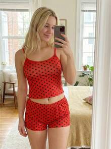 Womens Casual 2 Piece Outfits Sleeveless Dots Print Lace Strap Cami Tops + Shorts Set Loungewear - Rojo - Ver 1