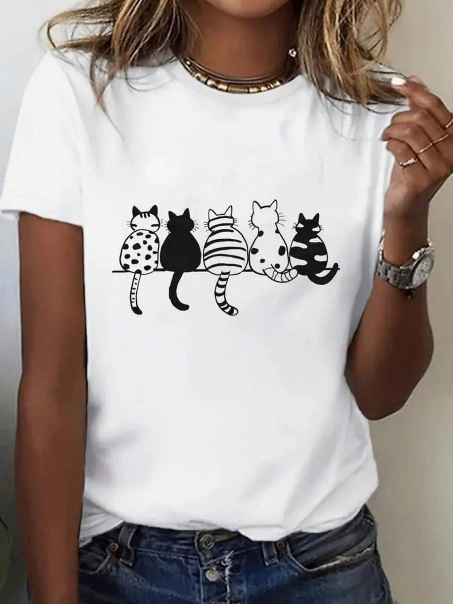 Plus Size, Plus-size T-shirt - Camiseta impresa divertida de las mujeres - Top de cuello redondo de manga corta, lavable en máquina para la comodidad de toda la temporada, desgaste informal; Estilo de ajuste suelto; Impresión duradera, perfecta para regalos de vacaciones, almacén local