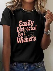 Dachshund fácilmente distraído por Wieners impresión camiseta, manga corta cuello de tripulación top casual para verano y primavera, ropa de mujer - Negro - Ver 2