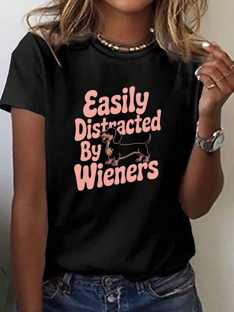 Dachshund fácilmente distraído por Wieners impresión camiseta, manga corta cuello de tripulación top casual para verano y primavera, ropa de mujer