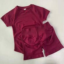 Conjunto Deportivo de Yoga para Mujer STOUREG, Ropa Deportiva de Punto sin Costuras, Top Corto de Manga Corta, Leggings Cortos para Gimnasio - color trufa - Ver 10
