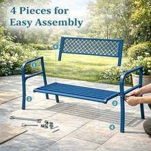 Outdoor Metal Garden Bench For 2 Person, Heavy Duty Steel Patio Bench 790 Lbs Capacity, Weather Resistant Black Porch Seating With Geometric Backrest, Outdoor Furniture For Yard, Deck, Entryway - Blue - View 7